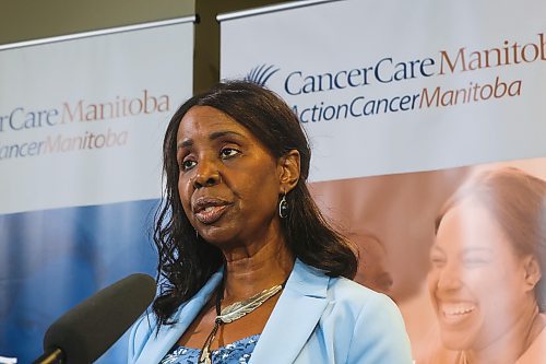 MIKE DEAL / WINNIPEG FREE PRESS
Health Minister Audrey Gordon announces at a media event Thursday afternoon, that the government will be committing $510,000 annually for the operating costs of a new specialized MRI at CancerCare Manitoba (CCMB). She was joined by Janice Feuer, chief development officer, CancerCare Manitoba Foundation Inc., and Dr. Sri Navaratnam, president and CEO, CancerCare Manitoba. 
230706 - Thursday, July 6, 2023. 