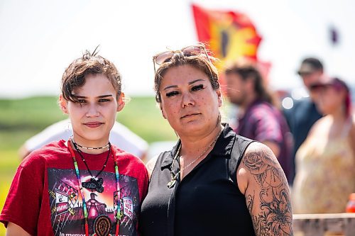 MIKAELA MACKENZIE / WINNIPEG FREE PRESS

Cambria Harris (left) and Melissa Robinson pose for a photo at the blockade/camp outside the Brady Landfill after the province announced that they will not be funding a landfill search for the murdered women on Thursday, July 6, 2023.  For Chris Kitching story.
Winnipeg Free Press 2023.