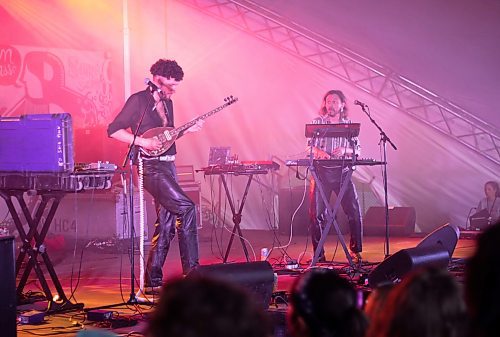 Mike Thiessen / Winnipeg Free Press 
Psychedelic electronic duo Ko Shin Moon performing at Big Blue @ Night on Friday night at the Winnipeg Folk Festival. 230707 &#x2013; Friday, July 7, 2023