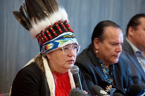 Mike Deal / Winnipeg Free Press
Assembly of First Nations (AFN) Manitoba Regional Chief Cindy Woodhouse speaks about the feasibility study regarding Prairie Green and discusses the next steps in the search.
The Assembly of Manitoba Chiefs hold a press conference &quot;in partnership&quot; with Long Plain First Nation and the families of Rebecca Contois, Morgan Harris and Marcedes Myran to announce the completion of the landfill search feasibility study regarding Prairie Green and discuss the next steps at the Wyndham Garden Hotel, Long Plain First Nation, 460 Madison Street, Friday afternoon.
230512 - Friday, May 12, 2023.