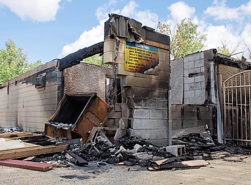 Mike Thiessen / Winnipeg Free Press 
The building containing the entrance office and snack bar at Fun Mountain Water Slide Park burned down Saturday night. 230710 &#x2013; Monday, July 10, 2023