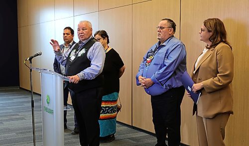 RUTH BONNEVILLE / WINNIPEG FREE PRESS

Local -  Premiers and Indigenous leaders at The Leaf

Photo of David Chartrand, President of Manitoba Metis Federation speaking with Premier Heather Stefanson and other Indigenous leaders in a scrum with the media after meeting at The Leaf Monday,.

Names of the other Indigenous leaders:
(L-R) Gordon Bluesky, Carol McBride and Elmer St. Pierre. 




Story:  Premier is hosting premiers and Indigenous leaders for a meeting at The Leaf at Assiniboine Park Monday.This is of several meetings being held over a three-day conference in Winnipeg.


July 10th,  2023
