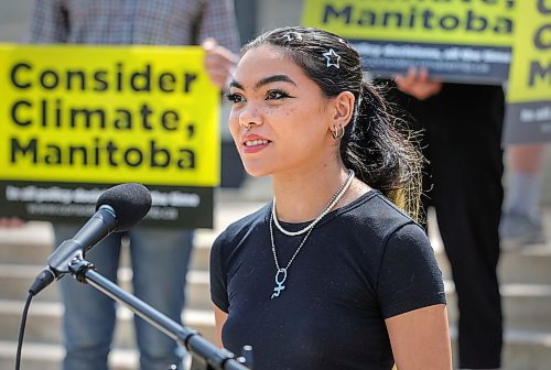 RUTH BONNEVILLE / WINNIPEG FREE PRESS

local - climate change

Cameron Armstrong represents young adults as she speaks at the podium at the launch Wednesday. 

Bethany Daman with Consider Climate launches its Manitoba campaign  to encourage leaders of Manitoba&#x2019;s provincial parties to incorporate climate action into platform commitments with supporters in front of the Legislative Building Wednesday. 

See story by Julia-Simone Rutgers 

July 12th,  2023
