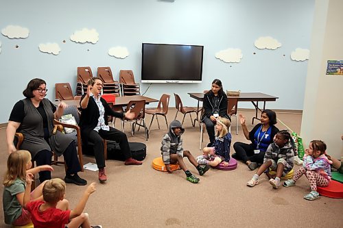 Western Manitoba Regional Library programming assistants Willa Bright (left) and Michelle Boudreau (second from left) lead kids in a round of &quot;The Itsy Bitsy Spider&quot; during a weekly storytime session at the downtown Brandon branch on Thursday morning. (Colin Slark/The Brandon Sun)