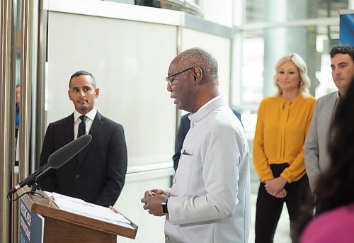 Mike Thiessen / Winnipeg Free Press 
Advisory Council chair Adelana Adeleye-Olusae at today&#x2019;s announcement of new members of the Advisory Council on Economic Immigration and Settlement, at Richardson International Airport. For Martin Cash. 230713 &#x2013; Thursday, July 13, 2023