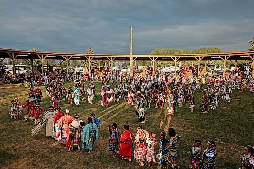 Dancers, elders and dignitaries take part in the Grand Entry during the opening evening of the Sioux Valley Dakota Nation Dakota Oyate Wacipi Powwow on Friday. The community debuted a new Powwow arbour for the annual event. (Tim Smith/The Brandon Sun)