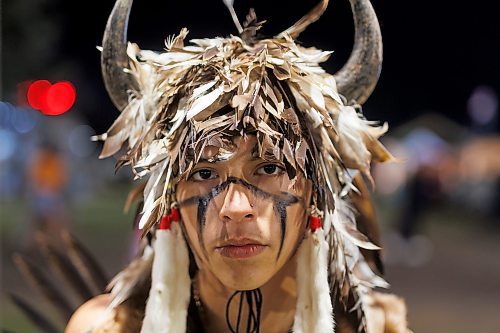 14072023
Skylor Charbonneau of Belcourt, North Dakota prepares to take part in the teen boys traditional dance during the Sioux Valley Dakota Nation Dakota Oyate Wacipi Powwow on Friday evening. The community debuted a new Powwow arbour for the annual event. 
(Tim Smith/The Brandon Sun)