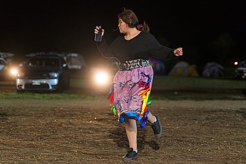 14072023
Thea Wasteste of Sioux Valley Dakota Nation dances to the drums outside the powwow arbour during the Sioux Valley Dakota Nation Dakota Oyate Wacipi Powwow on Friday evening. 
(Tim Smith/The Brandon Sun)