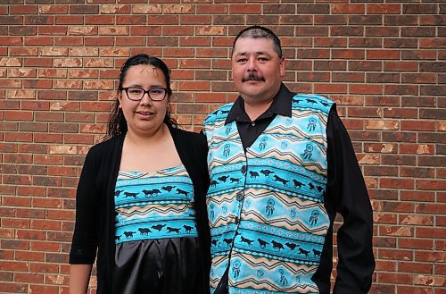 Lori Campbell from Moose Lake in northern Manitoba poses with her husband Gerald at her graduation from BU's PENT in Brandon on Friday. PENT stands for Program for the Education of Native Teachers. (Michele McDougall, The Brandon Sun)