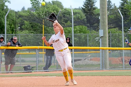 Kaylee Rank records the final out of Game 2 of the doubleheader. (Thomas Friesen/The Brandon Sun)