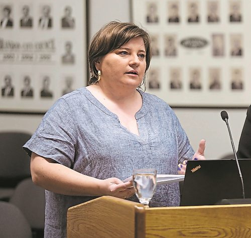 Julia Krykavska, co-founder of local Ukrainian-Canadian association Tryzub, is seen making a presentation to Brandon City Council in May 2022. (Colin Slark/The Brandon Sun)