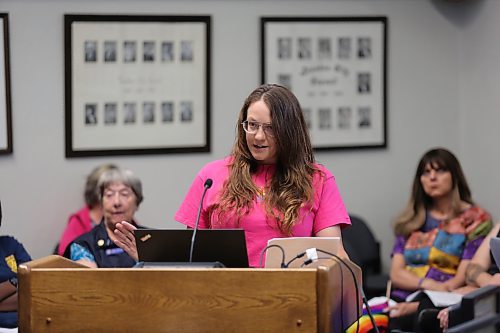 Brandon Pride chairperson Alyssa Wowchuk delivers a presentation to Brandon City Council on the organization's events over the last year on Monday. Wowchuk proposed that the city create a permanent rainbow display in honour of the local LGBTQ+ community during the presentation. (Colin Slark/The Brandon Sun)