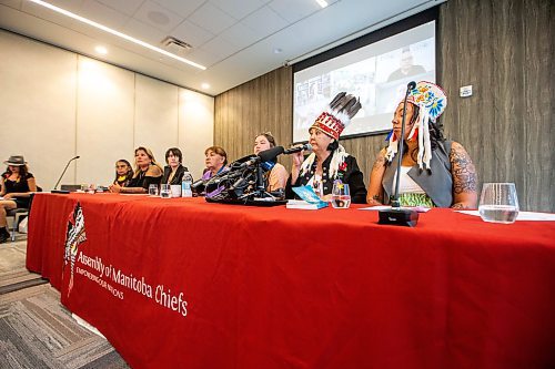 MIKAELA MACKENZIE / WINNIPEG FREE PRESS

AMC grand chief Cathy Merrick speaks at a press conference (held in response to the Stefanson government&#x573; refusal to search the landfills) on Monday, July 17, 2023. For Chris Kitching story.
Winnipeg Free Press 2023.