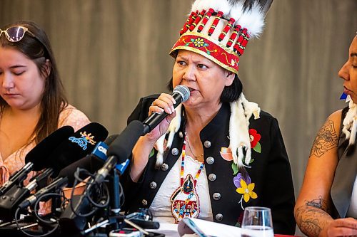 MIKAELA MACKENZIE / WINNIPEG FREE PRESS

AMC grand chief Cathy Merrick speaks at a press conference (held in response to the Stefanson government&#x573; refusal to search the landfills) on Monday, July 17, 2023. For Chris Kitching story.
Winnipeg Free Press 2023.