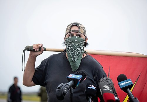 JESSICA LEE / WINNIPEG FREE PRESS

Protestor Harrison Powder addresses media July 18, 2023 after the removal of the blockade at Brady Landfill earlier that morning.

Reporter: Chris Kitching