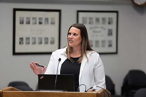 Brandon's director of recreation Heather Reimer provides an overview and timeline for dealing with ice plant issues at the Sportsplex at a special meeting of Brandon City Council on Monday. (Colin Slark/The Brandon Sun)