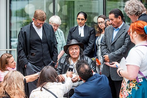 MIKAELA MACKENZIE / WINNIPEG FREE PRESS

Allan Woodhouse speaks with the media outside of the Law Courts as innocent man (after being wrongfully convicted  of murder decades ago) on Tuesday, July 18, 2023. For Katrina Clarke story.
Winnipeg Free Press 2023.