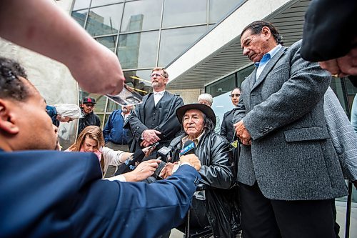 MIKAELA MACKENZIE / WINNIPEG FREE PRESS

Allan Woodhouse speaks with the media outside of the Law Courts as innocent man (after being wrongfully convicted  of murder decades ago) on Tuesday, July 18, 2023. For Katrina Clarke story.
Winnipeg Free Press 2023.