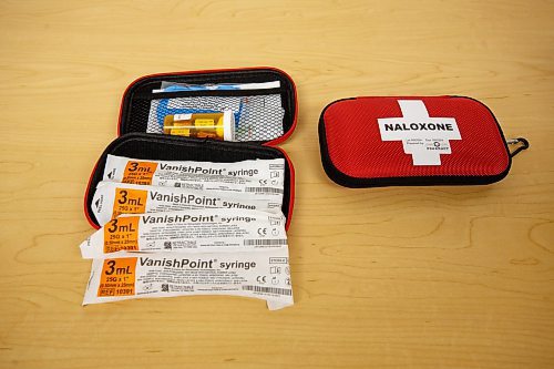 MIKE DEAL / WINNIPEG FREE PRESS
A Naloxone kit that includes four doses, vanish point needles, gloves, a face shield for CPR purposes, and an information card.
220623 - Thursday, June 23, 2022.