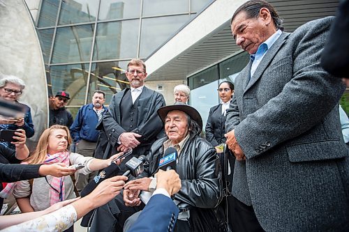 MIKAELA MACKENZIE / WINNIPEG FREE PRESS

Allan Woodhouse speaks with the media outside of the Law Courts as innocent man (after being wrongfully convicted  of murder decades ago) on Tuesday, July 18, 2023. For Katrina Clarke story.
Winnipeg Free Press 2023.