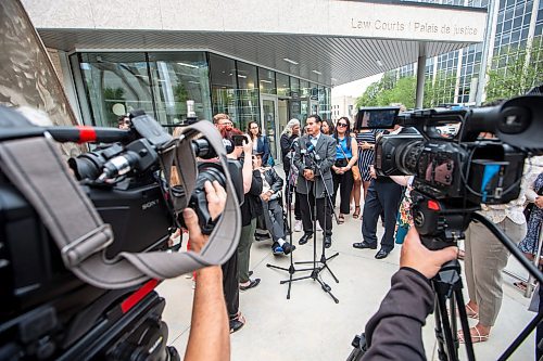 MIKAELA MACKENZIE / WINNIPEG FREE PRESS

Brian Anderson speaks with the media outside of the Law Courts as innocent man (after being wrongfully convicted  of murder decades ago) on Tuesday, July 18, 2023. For Katrina Clarke story.
Winnipeg Free Press 2023.