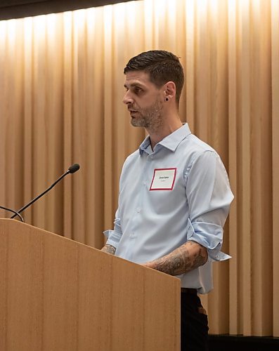 Mike Thiessen / Winnipeg Free Press 
The first cohort of students to complete Red River College Polytechnic&#x2019;s Shelter Support Worker Micro-credential program, including Steven Hunter, were celebrated on Tuesday. For Tessa Adamski. 230718 &#x2013; Tuesday, July 18, 2023