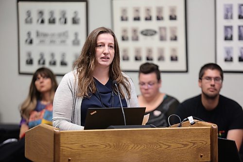 Brandon's director of utilities Alexia Stangherlin discusses water utility rate applications the city has sent to the Public Utilities Board at Monday's city council meeting. (Colin Slark/The Brandon Sun)