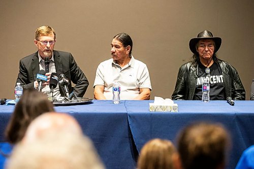 MIKAELA MACKENZIE / WINNIPEG FREE PRESS

Innocence Canada lawyer Jerome Kennedy (left), Brian Anderson, and Allan (A.J) Woodhouse, at a press conference at the Canadian Museum for Human Rights on Wednesday, July 19, 2023. For Tyler story.
Winnipeg Free Press 2023.