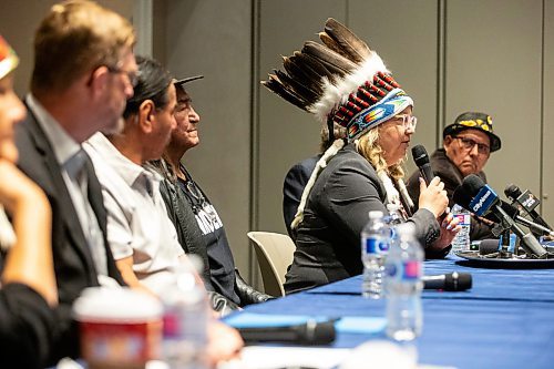 MIKAELA MACKENZIE / WINNIPEG FREE PRESS

Assembly of First Nations regional chief Cindy Woodhouse speaks at a press conference at the Canadian Museum for Human Rights on Wednesday, July 19, 2023. For Tyler story.
Winnipeg Free Press 2023.