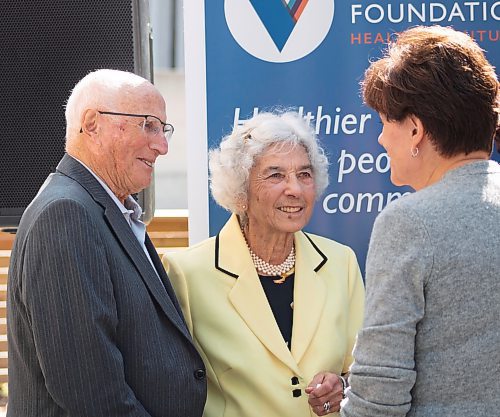 Mike Thiessen / Winnipeg Free Press 
Will and Mavis Tishinski speaking with Hon. Janice Morley-Lecomte at the grand opening of Victoria Hospital&#x2019;s Will and Mavis Tishinski Tranquility Trail, an area meant to foster mental wellness for patients and visitors. For Tessa Adamski. 230720 &#x2013; Thursday, July 20, 2023