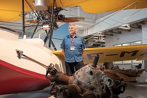 Mike Thiessen / Winnipeg Free Press 
Jan Pedersen, who has been volunteering at the Royal Aviation Museum of Western Canada since its reopening fourteen months ago, with the Canadian Vickers Vedette Mk.V, the museums oldest (and Pedersen&#x2019;s favourite) aircraft. For Aaron Epp. 230720 &#x2013; Thursday, July 20, 2023