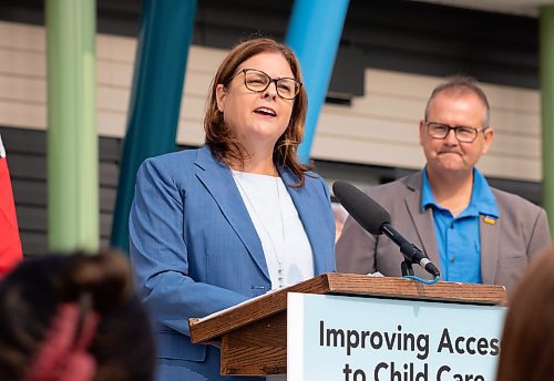 Mike Thiessen / Winnipeg Free Press 
Premier Heather Stefanson speaking at Friday&#x2019;s childcare announcement in Headingley, with Education and Early Childhood Learning Minister Wayne Ewasko. 230721 &#x2013; Friday, July 21, 2023