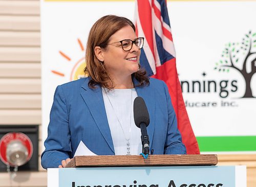 Mike Thiessen / Winnipeg Free Press 
Premier Heather Stefanson speaking at Friday&#x2019;s childcare announcement in Headingley. 230721 &#x2013; Friday, July 21, 2023