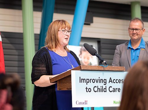 Mike Thiessen / Winnipeg Free Press 
Lori Renton, childcare director at Bright Beginnings Educare Inc., speaking at Friday&#x2019;s childcare announcement in Headingley. 230721 &#x2013; Friday, July 21, 2023