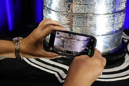21072023
The engraving of the 2022-23 Stanley Cup Champions, the Vegas Golden Knights, on the Stanley Cup during a public viewing of the trophy in Brandon on Friday.  (Tim Smith/The Brandon Sun)