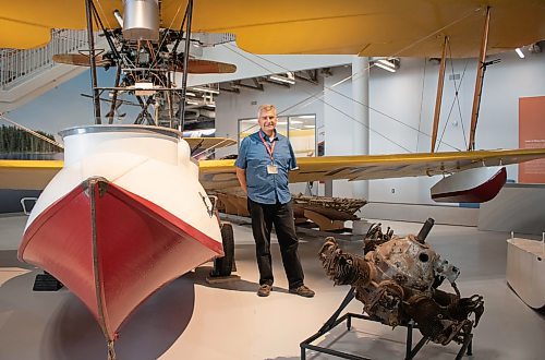 Mike Thiessen / Winnipeg Free Press 
Jan Pedersen, who has been volunteering at the Royal Aviation Museum of Western Canada since its reopening fourteen months ago, with the Canadian Vickers Vedette Mk.V, the museums oldest (and Pedersen&#x2019;s favourite) aircraft. For Aaron Epp. 230720 &#x2013; Thursday, July 20, 2023