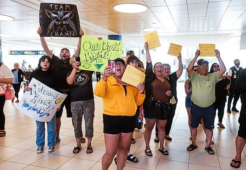 JOHN WOODS / WINNIPEG FREE PRESS
Family and friends cheers as their athletes return from the North American Indigenous Games in Halifax at Winnipeg’s airport, Sunday, July 23, 2023. 

Reporter: Donald