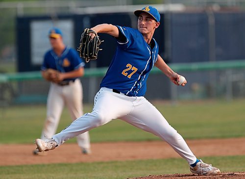 JOHN WOODS / WINNIPEG FREE PRESS
St Boniface Legionaires’ Ethan Minaker (27) pitches against  the Elmwood Giants in game one of the best of five MJBL championship series at Koskie Field in Winnipeg, Monday, July 24, 2023. 

Reporter: frey-sam