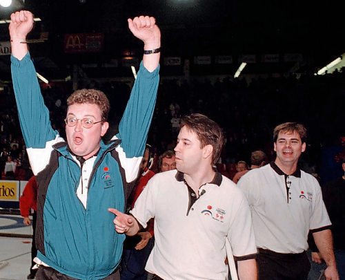 (BDN104) Brandon, MB November 29, 1997 -- OFF TO JAPAN --  Ontario skip Mike Ha rris (left) celebrates his win with lead George Karrys (centre) and third Richard Hart (right) Saturday afternoon at the Olympic Curling Trials in Brandon. (CP PHOTO) 1997 (Brandon Sun - Colin Corneau).