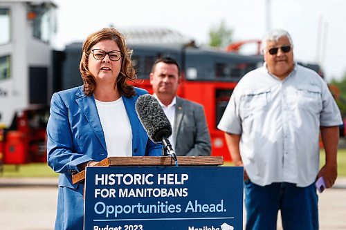 MIKAELA MACKENZIE / WINNIPEG FREE PRESS

Premier Heather Stefanson announces the Critical Minerals Strategy at a press conference at Sandvik Mining on Tuesday, July 25, 2023. For Martin Cash story.
Winnipeg Free Press 2023