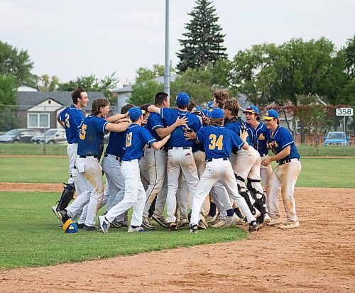 Mike Thiessen / Winnipeg Free Press 
The St. Boniface Legionnaires celebrate following their win against the reigning Manitoba Junior Baseball League champions, the Elmwood Giants. For Joshua Sam-Frey. 230726 &#x2013; Wednesday, July 26, 2023