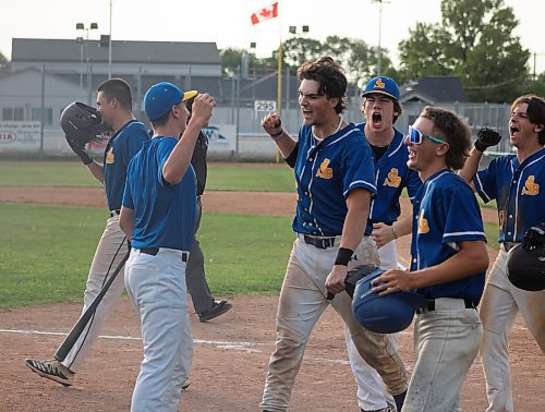 Mike Thiessen / Winnipeg Free Press 
The St. Boniface Legionnaires celebrate following three players crossing home base in one hit in their game against the reigning Manitoba Junior Baseball League champions, the Elmwood Giants. For Joshua Sam-Frey. 230726 &#x2013; Wednesday, July 26, 2023