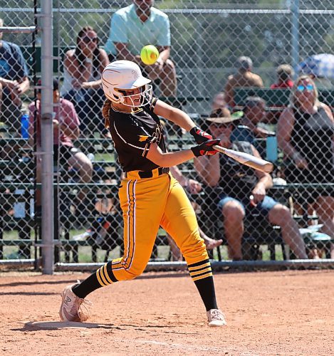 Westman Magic batter Alexa Banga fouls off a pitch prior to a frightening collision with Presley Hodson that sent both players to hospital. (Perry Bergson/The Brandon Sun)