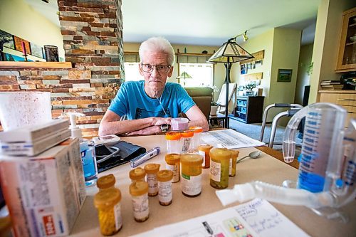 MIKAELA MACKENZIE / WINNIPEG FREE PRESS

Rick Schmidt at his kitchen table (with various medicines, charts, and equipment) while recovering from a lung transplant on Thursday, July 27, 2023. For John Longhurst story.
Winnipeg Free Press 2023