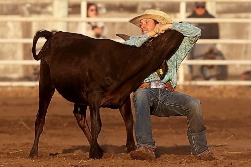 27072023
Scott Sigfusson of Tugaske, SK, works to wrestle a steer to the ground during the steer wrestling event at the first go-round of the Manitoba Threshermen&#x2019;s Reunion and Stampede rodeo near Austin, Manitoba on Thursday evening.  (Tim Smith/The Brandon Sun)