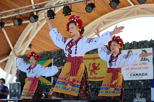 Members of Brandon's Yednist School of Ukrainian Dance perform at the Fusion Credit Union Stage during Saturday's Summer Multicultural Celebration. (Kyle Darbyson/The Brandon Sun)