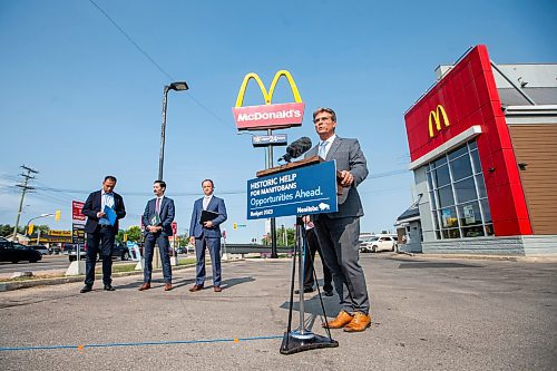 MIKAELA MACKENZIE / WINNIPEG FREE PRESS

Environment and Climate Minister Kevin Klein makes an electric vehicle charging infrastructure investment announcement at McDonald&#x573; on Monday, July 31, 2023. For Malak Abas story.
Winnipeg Free Press 2023