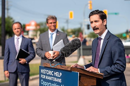 MIKAELA MACKENZIE / WINNIPEG FREE PRESS

Justin Johnson, chief executive officer of the Association of Manitoba Bilingual Municipalities, speaks at an electric vehicle charging infrastructure investment announcement at McDonald&#x573; on Monday, July 31, 2023. For Malak Abas story.
Winnipeg Free Press 2023