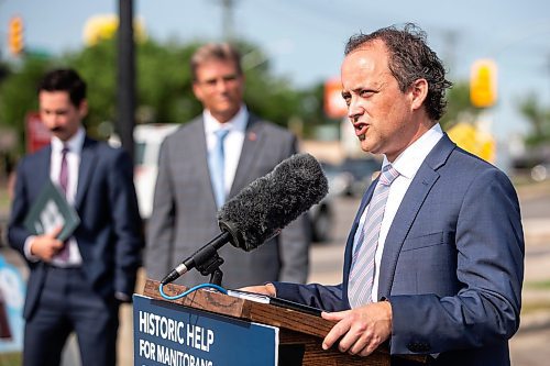 MIKAELA MACKENZIE / WINNIPEG FREE PRESS

Dany Robidoux, Eco-West executive director, speaks at an electric vehicle charging infrastructure investment announcement at McDonald&#x573; on Monday, July 31, 2023. For Malak Abas story.
Winnipeg Free Press 2023