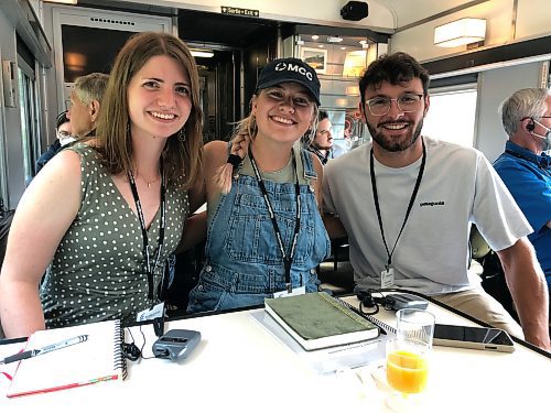 JOHN LONGHURST / WINNIPEG FREE PRESS

Theo Loewen of Winnipeg, right, Kailey Schroeder of Steinbach, centre, with friend Alana Regier of Saskatoon onboard the train. 

126 people from Canada, the U.S., Japan and Ukraine who participated in the tour, which travelled by train from Quebec City to Vancouver between July 6-24 to replicate the journey of the Mennonites who came to this country from the Soviet Union a century ago.

Winnipeg Free Press 2023